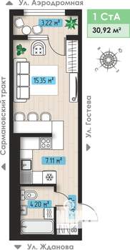 1-к квартира, строящийся дом, 31м2, 2/3 этаж