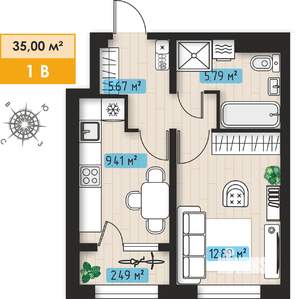 1-к квартира, строящийся дом, 35м2, 1/3 этаж