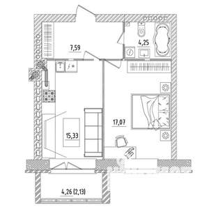 1-к квартира, строящийся дом, 47м2, 3/5 этаж