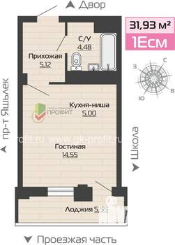 1-к квартира, строящийся дом, 32м2, 22/25 этаж