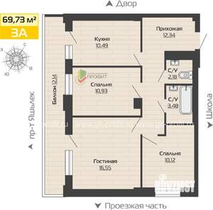 3-к квартира, строящийся дом, 70м2, 7/25 этаж
