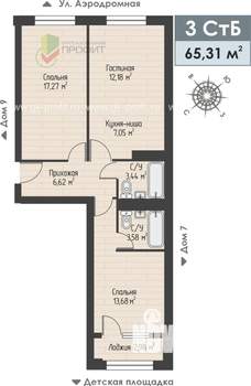 3-к квартира, строящийся дом, 65м2, 2/4 этаж