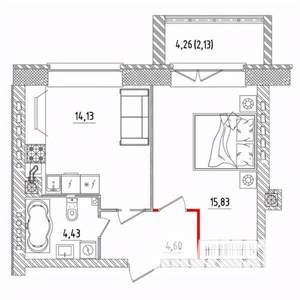 1-к квартира, строящийся дом, 41м2, 1/5 этаж