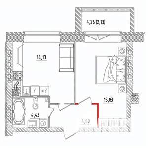 1-к квартира, строящийся дом, 41м2, 3/5 этаж