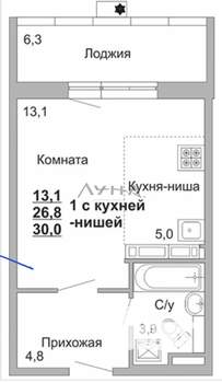 1-к квартира, вторичка, 30м2, 13/17 этаж