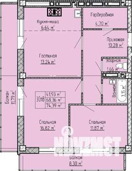 3-к квартира, строящийся дом, 74м2, 13/19 этаж