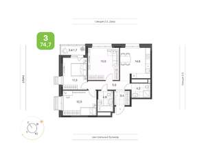 3-к квартира, вторичка, 75м2, 24/24 этаж