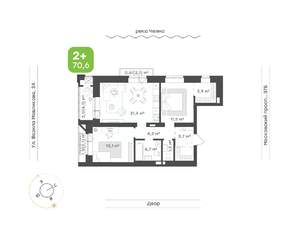 2-к квартира, строящийся дом, 71м2, 4/7 этаж