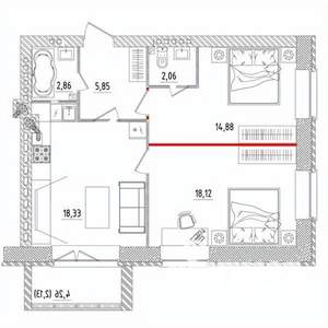 2-к квартира, строящийся дом, 64м2, 3/5 этаж