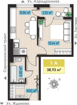 1-к квартира, строящийся дом, 39м2, 1/3 этаж