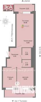 3-к квартира, строящийся дом, 66м2, 5/19 этаж