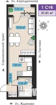 1-к квартира, строящийся дом, 31м2, 1/3 этаж