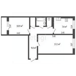 2-к квартира, вторичка, 51м2, 1/9 этаж