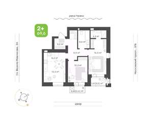 2-к квартира, строящийся дом, 70м2, 2/7 этаж