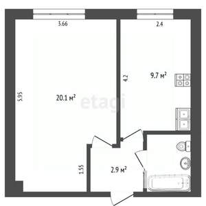 1-к квартира, вторичка, 35м2, 2/12 этаж