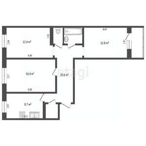 3-к квартира, вторичка, 68м2, 1/9 этаж