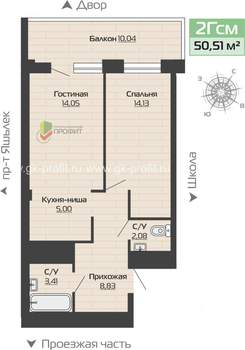 2-к квартира, строящийся дом, 51м2, 19/25 этаж