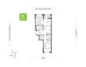 2-к квартира, строящийся дом, 69м2, 7/16 этаж