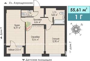1-к квартира, строящийся дом, 56м2, 4/4 этаж