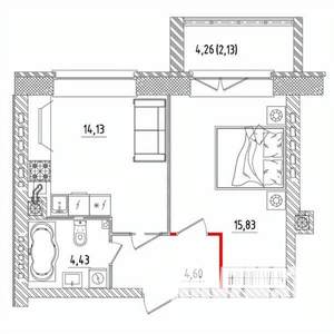 1-к квартира, строящийся дом, 41м2, 4/5 этаж