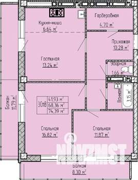 3-к квартира, строящийся дом, 74м2, 14/19 этаж