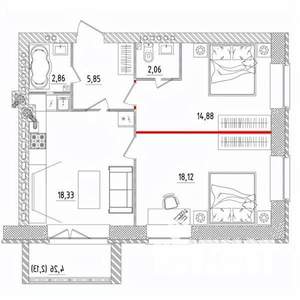 2-к квартира, строящийся дом, 65м2, 5/5 этаж