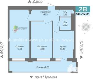 2-к квартира, строящийся дом, 59м2, 16/25 этаж