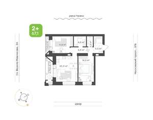 2-к квартира, строящийся дом, 67м2, 3/7 этаж