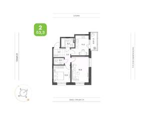 2-к квартира, вторичка, 53м2, 2/9 этаж