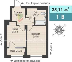1-к квартира, строящийся дом, 35м2, 1/4 этаж