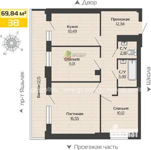 3-к квартира, строящийся дом, 70м2, 16/25 этаж