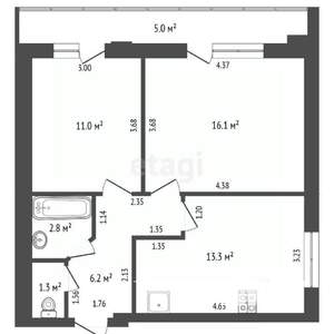 2-к квартира, вторичка, 56м2, 7/18 этаж
