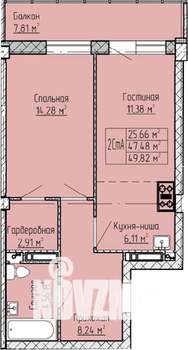 2-к квартира, строящийся дом, 50м2, 7/19 этаж