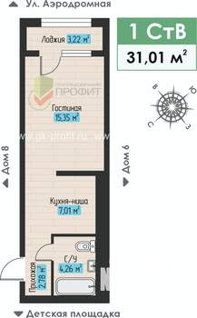 1-к квартира, строящийся дом, 31м2, 4/4 этаж