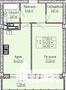 1-к квартира, строящийся дом, 47м2, 11/19 этаж