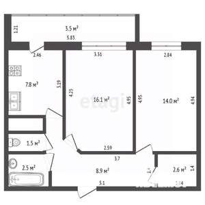 2-к квартира, вторичка, 57м2, 1/10 этаж