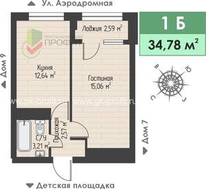1-к квартира, строящийся дом, 35м2, 3/4 этаж