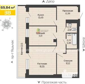 3-к квартира, строящийся дом, 70м2, 23/25 этаж