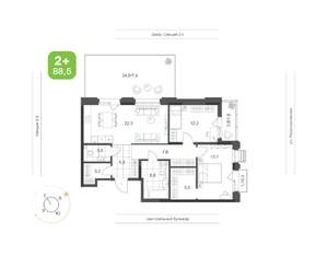 2-к квартира, вторичка, 89м2, 2/21 этаж